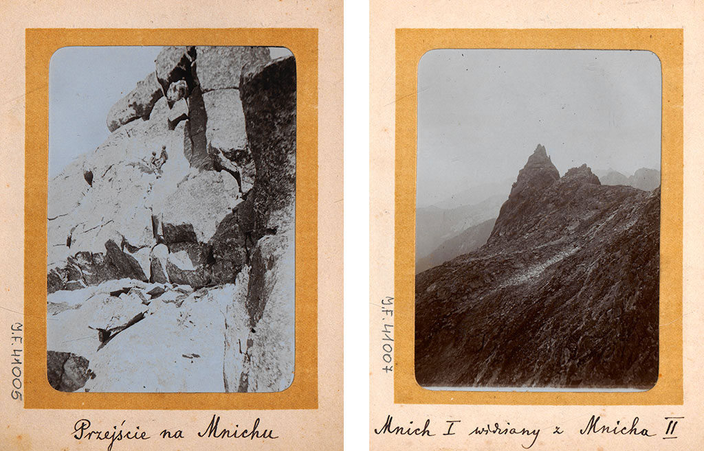 dwa zdjęcia w sepii z początku XX wieku podpisane: przejście na Mnichu oraz Mnich I widziany z Mnicha II