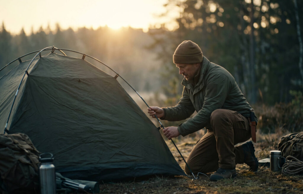 Preppers rozkładający namiot