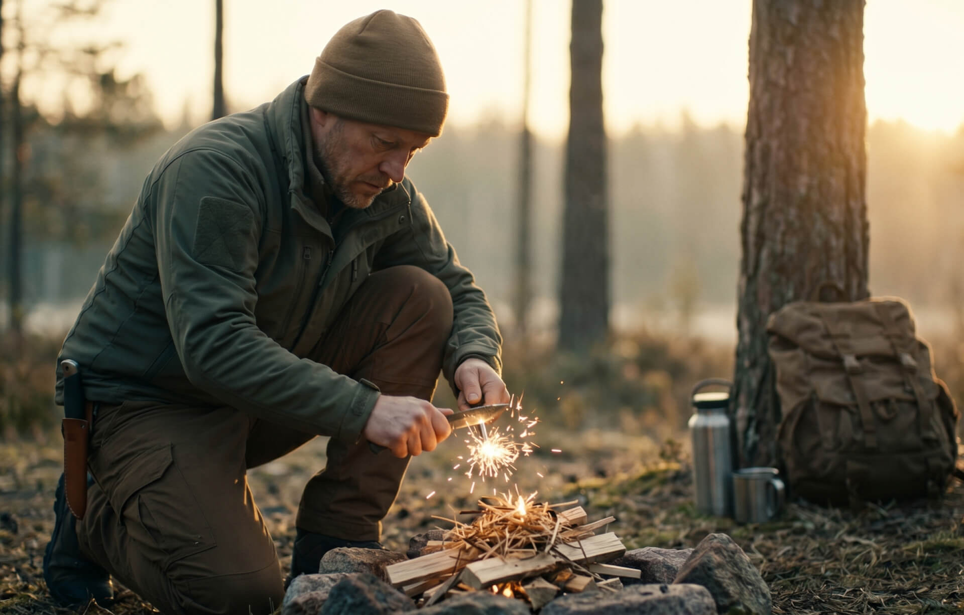 Preppers rozpalający ognisko krzesiwem