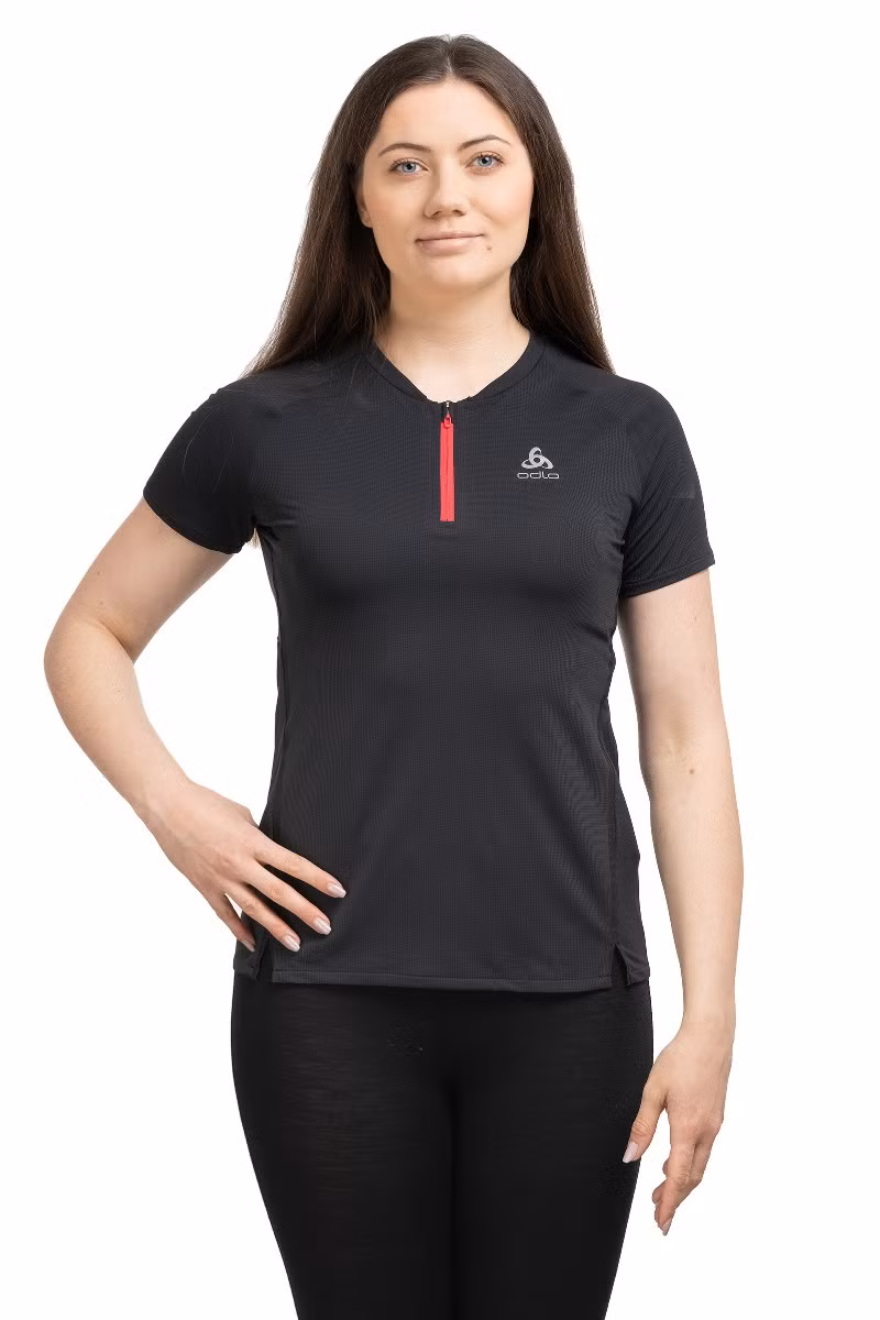 KOSZULKA DO BIEGANIA AXALP TRAIL CREW NECK SS 1/2 ZIP WOMEN-BLACK-PARADISE PINK