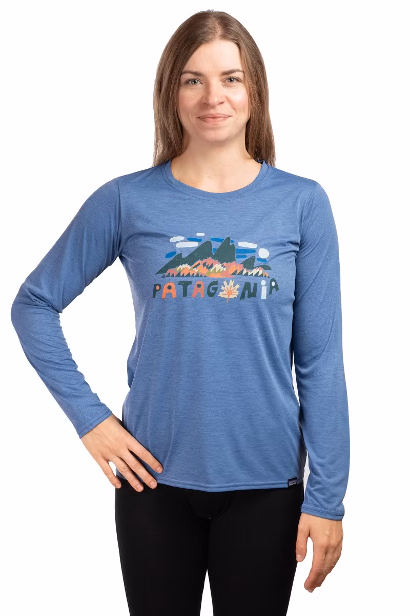KOSZULKA LONG-SLEEVED CAP COOL DAILY GRAPHIC WOMEN-FITZ ROY FOLIAGE-CURRENT BLUE X-DYE