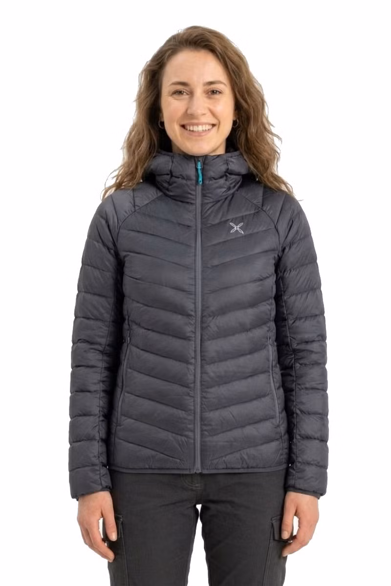 KURTKA BREEZE HOODED DUVET WOMAN-GRAPHITE BLUE-TURQUOISE